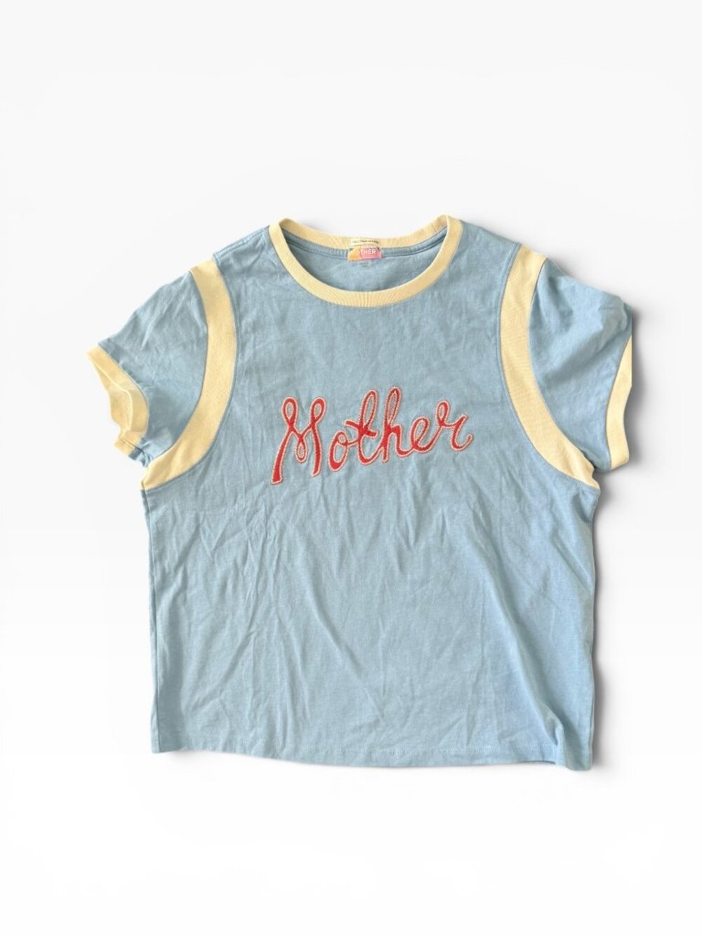 NWT MOTHER The Boxy GoodieInset Tee -Mother Script- L- Baby Blue/Red/White - Picture 4 of 12